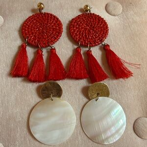2 Pair of Earrings…mother of pearl and red rattan tassels, cute for summer 💄🌞🌴